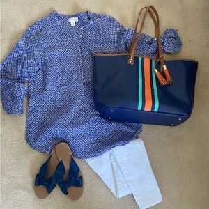- - Kenar Blue Mosaic Print 100% Cotton Tunic with roll sleeves , M